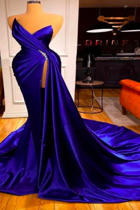 Charming Royal Blue Prom Dresses Mermaid Ruched V Neck Long Formal Party Hocoming Gowns Robes De Soirée