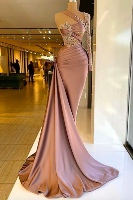 Luxury Women&amp;#039;s Evening Dresses One Shoulder Beaded 3d Lace Prom Gowns Fashion Celebrity Formal Beach Party Vestidos De Noche