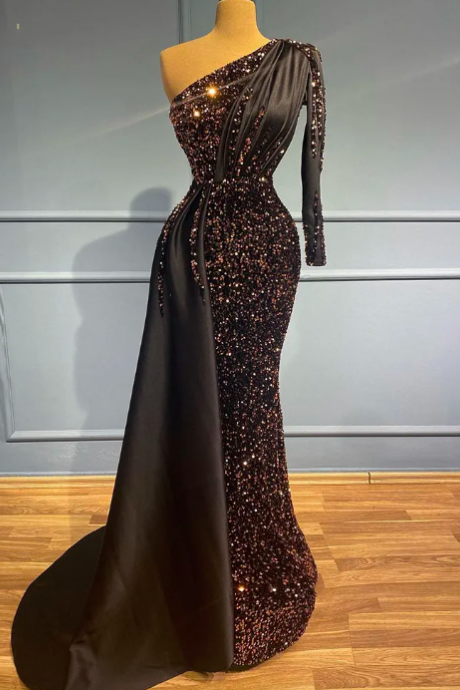 Classic Black Evening Dress Sequin One Shoulder Long Sleeve Elegant Wedding Party Gowns Mermaid 2023 Vestidos De Ocasión Formale