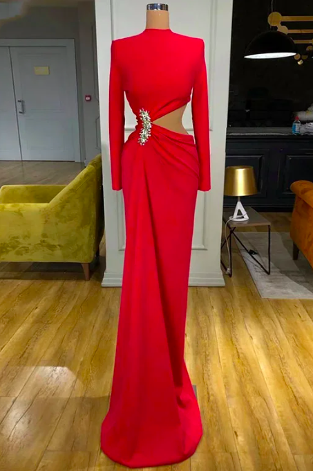 Elegant O Neck Mermaid Prom Dresses Saudi Arabia Long Sleeves Red Evening Gowns Floor Length Beaded Belt Party Formal Dress 2024