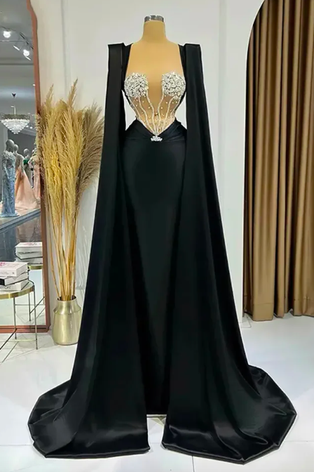 Sexy Black Satin Mermaid Prom Dresses With Wrap Sleeves Beaded Sweetheart Evening Formal Party Gowns 2024 فساتين الحفلات Custom