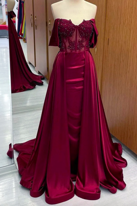 Long Mermaid Evening Dresses Pleats Satin Elegant Burgundy Vestido Longo Off The Shoulder Sweetheart Lace Beads Prom Party Gowns