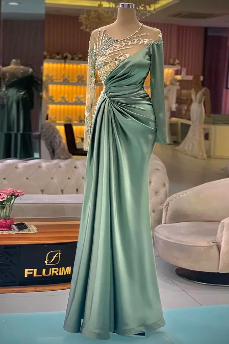 Fashion Sexy Romantic Evening Dresses Exquisite Lace Applique Beautiful Round Neck Long Sleeves Gorgeous Satin Prom Gowns 2024