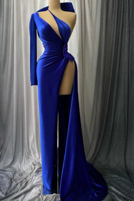 Luxury Mermaid Evening Dresses One Shoulder Pleats Sexy High Side Slit Prom Dress Flowers Pageant Celebrity Party Gowns