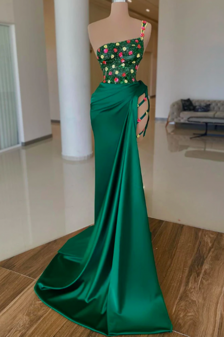 Green Beadings Evening Dresses Coloful Flowers Mermaid Side Slit Bride Prom Dress Dubai Arabia Shiny Celebrity Party Gowns