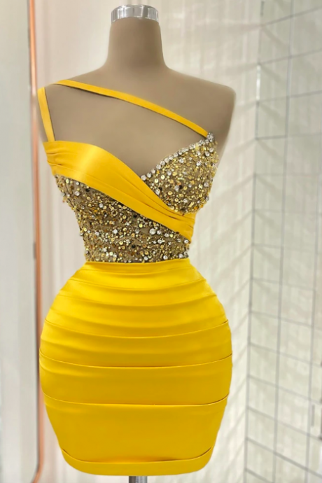 Yellow Cocktail Party Gowns One Shoulder Beadings Crystals Mini Pleated Prom Dresses Saudi Arabia Dubai Clubbing Dress