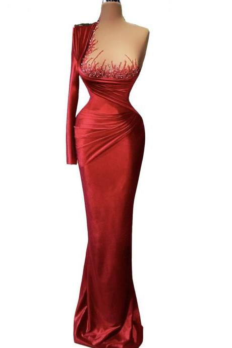 One Shoulder Prom Dresses Mermaid Long Sleeve Beading Pearls Velvet Dark Red Evening Dresses 2024