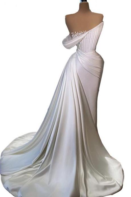 White Prom Dresses 2024 Pearls Pleats Mermaid A Line Evening Dresses Satin Evening Gowns