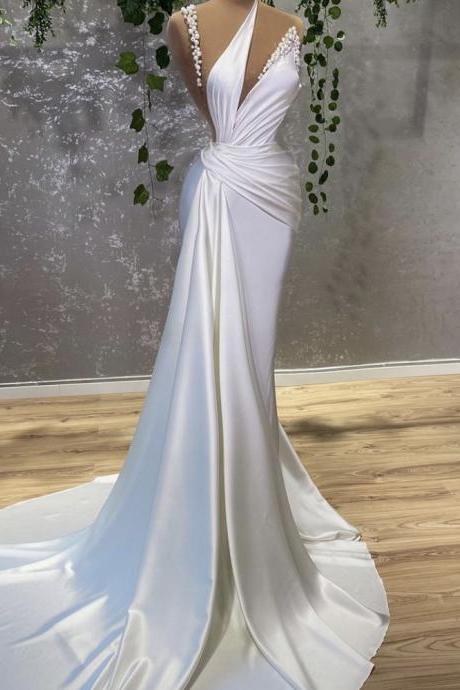 White Prom Dresses For Women Pearls Pleats Mermaid Satin Evening Dresses Sexy Court Train One Shoulder Evening Gowns