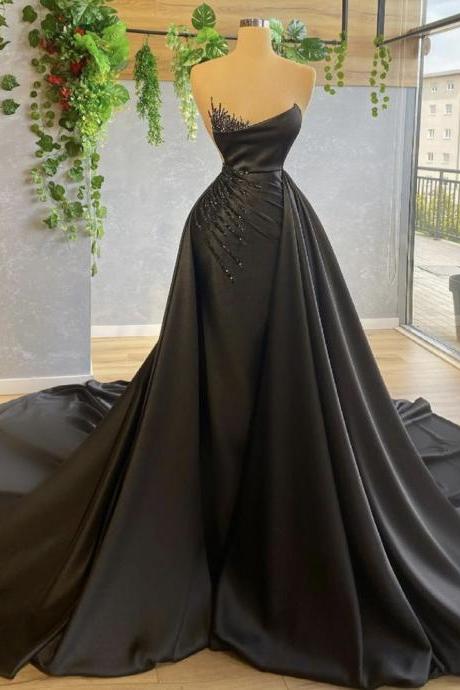 Black Detachable Train Prom Dresses For Women Pearls Beading Pleats A Line Evening Dresses Sexy Sweetheart Neck Formal Dresses