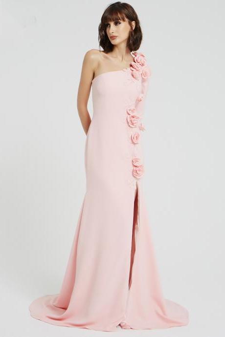 One Shoulder Pink Prom Dresses Hand Made Flowers Side Slit Evening Dresses Mermaid Evening Dresses Gowns For Women 2024