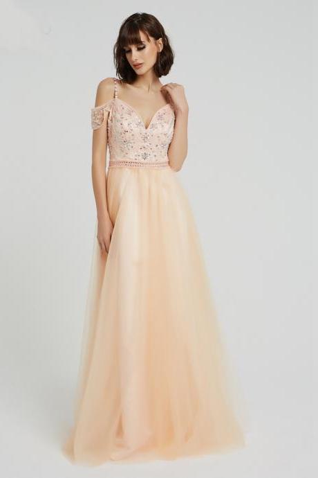 Peach Crystal Prom Dresses Beaded Sequins Evening Dresses Off The Shoulder Tulle Formal Dresses For Women Cold Shoulder Evening Gowns 2024