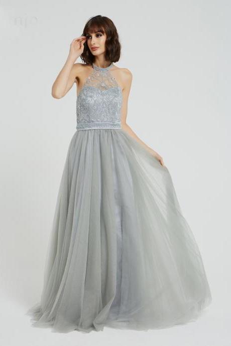 Gray Halter Neckline Prom Dresses Beading Crystal Evening Dresses Tulle A Line Long Prom Dress For Women 2024 Illusion Formal Dresses Backless