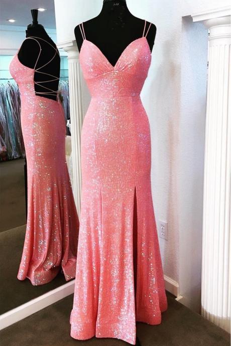 Pink Prom Dresses 2024 Sequins Sparkly Mermaid Spaghetti Straps Backless Glitter Straight Evening Dresses For Women