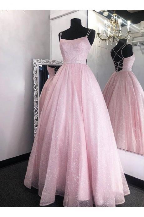 Glitter Tulle A Line Spaghetti Straps Prom Dresses For Women Long 2024 Backless Sexy Formal Dresses With Belt