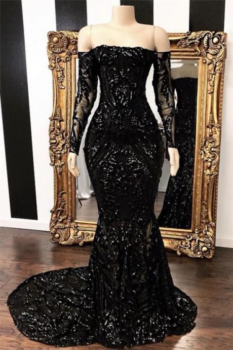Glitter Long Black Mermaid Lace Sequins Mermaid Prom Dresses Formal Evening Dresses