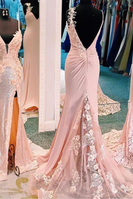Women&amp;#039;s Pink Mermaid Lace Floral Prom Dresses Deep V Neck Spaghetti Straps Tight Evening Dresses 2024