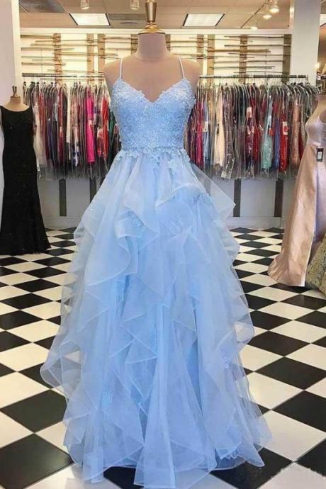 Spaghetti Straps Lace Appliques A Line Ruffle Tulle Prom Dresses Lace Floral Long Evening Dresses Ball Gowns