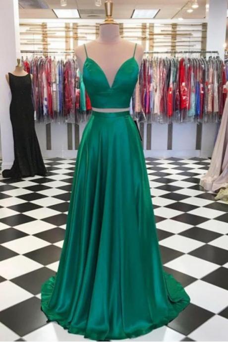 A Line Two Pieces Satin Prom Dresses Green Spaghetti Straps Formal Dresses For Women Evening Party Long