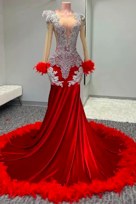 Elegant Red O Neck Evening Dresses For Black Girls Beaded Crystal Birthday Party Gowns Mermaid Feathers Long Prom Dresses Robe De Bal
