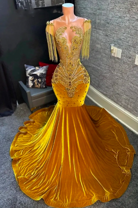Gold O Neck Evening Dresses For Black Girls Beaded Crystal Birthday Party Gowns Mermaid Tassel Long Prom Dresses Robe De Bal