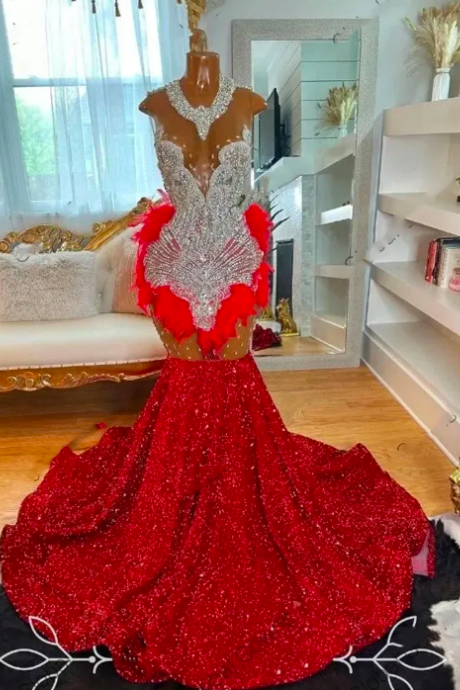 Red O Neck Long Prom Dress For Black Girls 2024 Beaded Crystal Rhinestone Birthday Party Dresses Feathers Sequined Evening Gown