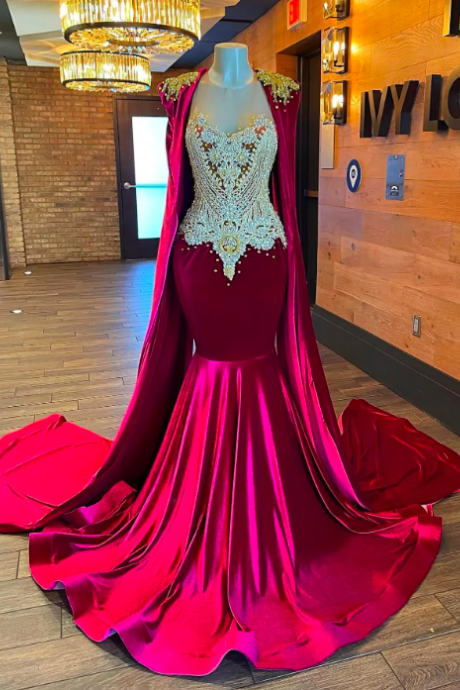Luxury Red Prom Dress Mermaid With Cape 2024 Rhinestone Velvet Mermaid Party Gowns Afrcian Evening Dress Gala Outfit