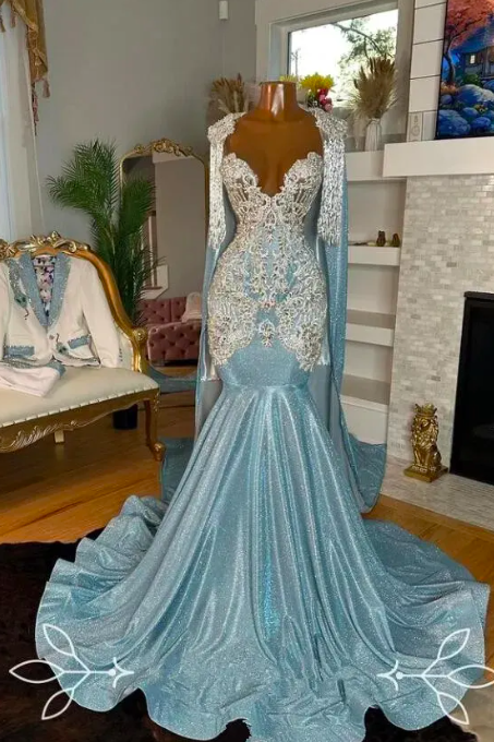 Icy Blue Long Evening Pageant Dresses With Cape Sparkly Diamond Crystal Gillter Birthday Celebrity Queen Gown Prom Gala 2024