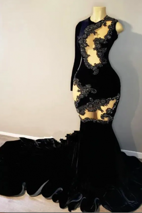 Black Velvet African Evening Occasion Gowns Luxury Crystal Sexy Sheer Mesh Mermaid Prom Dresses Vestidos De Gala Mujer