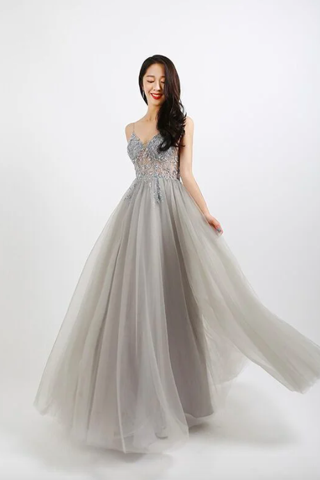Beaded Crystal Prom Dresses 2024 Long Sexy See Through A-line Split Tulle V Neck Spaghetti Strap Evening Formal Gown