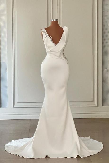 White Mermaid Prom Dresses Deep V Neck Pleats Long Formal Evening Dresses Tight Simple Wedding Dresses
