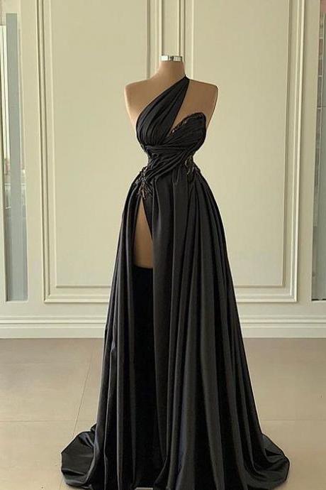 One Shoulder Crystal Mermaid Prom Dresses Long For Women 2024 Satin Tight Black Formal Evening Ball Gowns