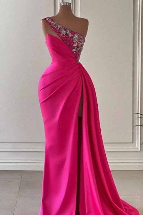 Pink One Shoulder Mermaid Pleated Satin Prom Dresses With Slit Long 2024 Lace Appliques High Split Ruched Formal Evening Dresses