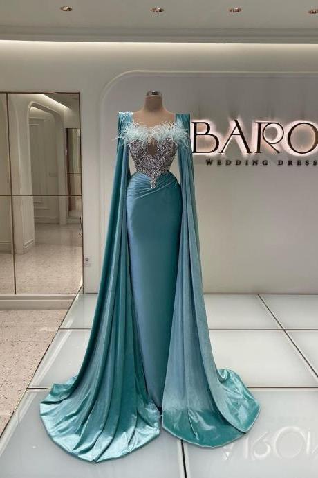Aqua Blue Long Sleeve Velvet Lace Appliques Beading Prom Dresses Long For Women 2024 Mermaid Feather Formal Evening Party Dresses