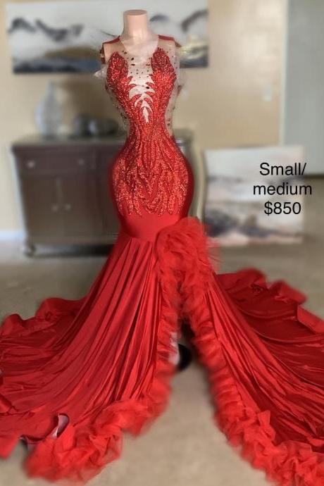 Red Mermaid Side Slit Crystal Prom Dresses Long For Women 2024 Illusion Crew Neckline Formal Evening Dresses Ball Gowns