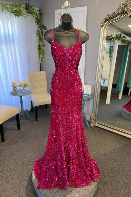 Sparkly Spaghetti Straps Mermaid Prom Dresses Long For Women 2024 Tight Sweetheart Formal Evening Dresses Ball Gowns For Girls