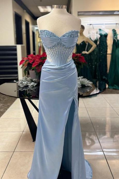 Mermaid Sweetheart Satin Corset Prom Dresses Long With Slit For Women 2024 Beading Sequins Illusion Formal Evening Party Gowns
