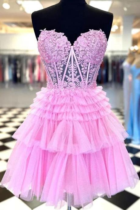 Short Lace Appliques Homecoming Dresses Illusion Corset Sweetheart Cocktail Dresses Pink Tiered Tulle Graduation Dresses Lace Mini Prom Dresses