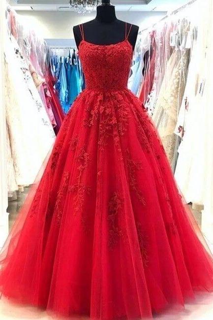 Red Spaghetti Straps Lace Appliques Prom Dresses Long For Women 2024 Tulle A Line Formal Evening Party Dresses For Girls