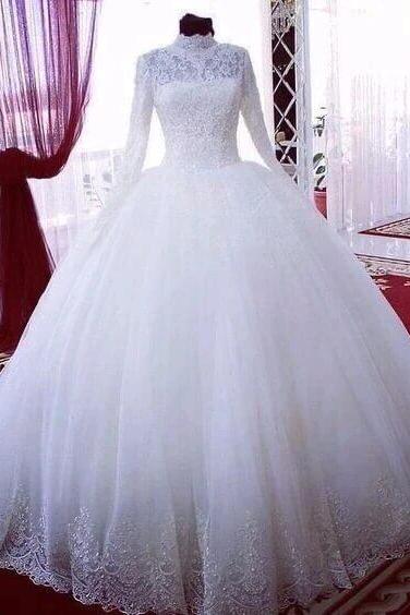 Ball Gown Long Sleeve Wedding Dresses High Neck Lace Appliques Puffy Wedding Gowns 2024 Illusion Bridal Dresses