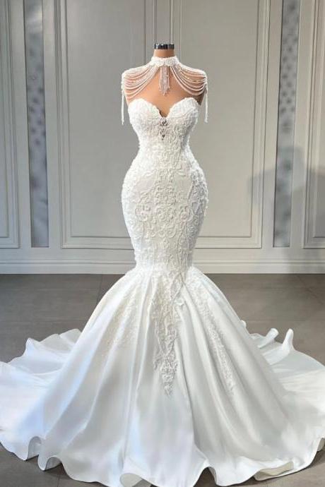 Mermaid Wedding Dress With Jacket For Bride Lace Appliques Pearls Satin Sweetheart Court Train Bridal Dresses Gowns 2024