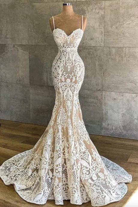 Vintage Lace Mermaid Wedding Dresses For Bride 2024 Spaghetti Straps Court Train Bridal Gowns For Women