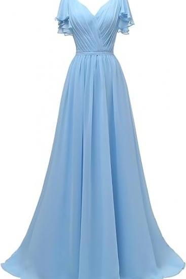 Pleated Chiffon A Line Bridesmaid Dresses Long With Slit Ruffle Sleeve V Neck Formal Wedding Guest Party Dresses Evening Gowns