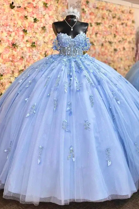 Sparkly Sky Blue Quinceanera Dress Ball Gown Appliques Beading Sequins Sweet 15 16 Dress Vestido De 15 Anos
