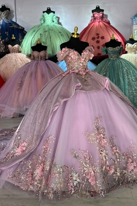 Lavender Princess Off Shoulder Quinceanera Dress Ball Gown 3d Floral Applique Beads Sweet 16 Vestidos De Años Prom Dress