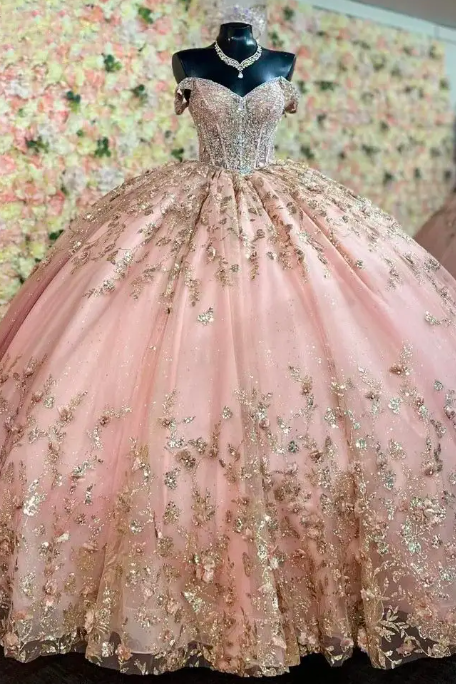 Sparkly Blush Quinceanera Dress 2023 Ball Gown Appliques Beading Sequins Puffy Skirt Sweet 15 16 Dress Vestido Prom Dress