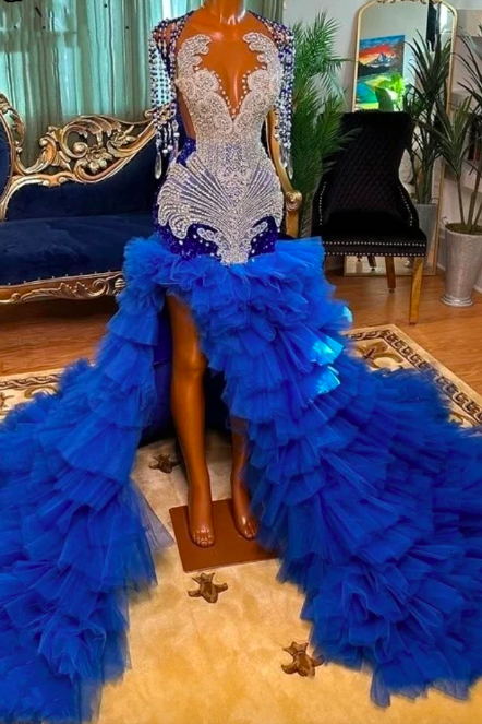 Royal Blue Sequins Prom Dress For Black Girls Beaded Crystal Tassel Birthday Party Gown High Slit Robe De Soiree
