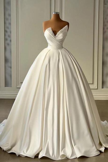 Ball Gown Satin Wedding Dresses Long For Bride 2025 Pleated Pears Puffy Bridal Dresses Satin Puffy Bridal Dresses For Women 2024