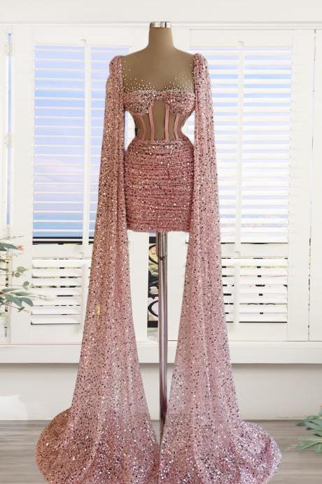 Dusty Rose Sparkly Sequins Prom Dresses Short For Women 2025 Long Sleeve Pleated Mini Homecoming Dresses Pleated Pearls Graduation Dresses