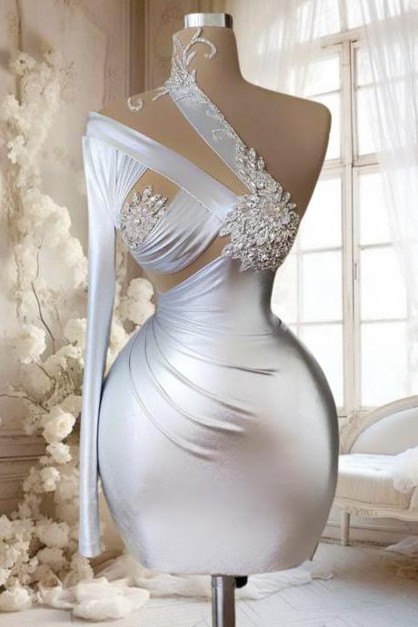 Silver Crystal Prom Dresses Short For Women 2025 One Shoulder Sparkly Sequins Beading Homecoming Dresses Satin Straight Graduation Dresses Mini